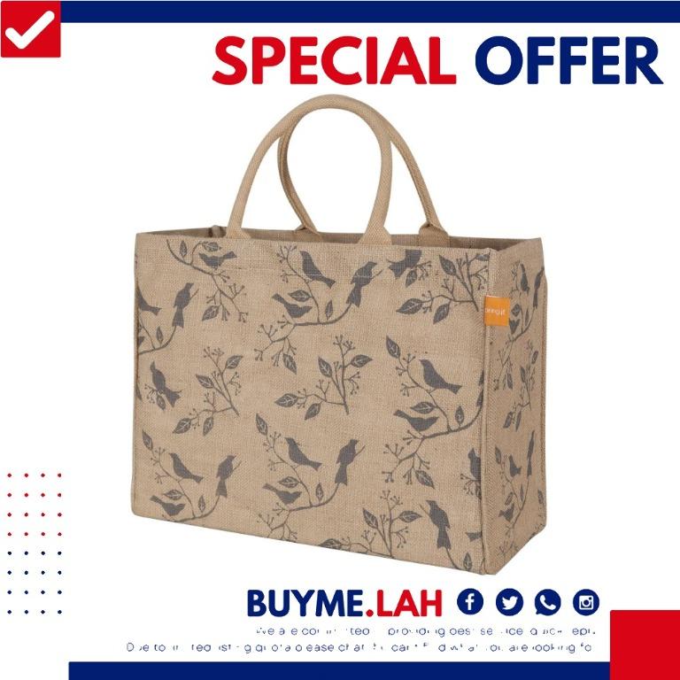 KAF Home Jute Market Tote Bag with Birds Print Durable Handle, 