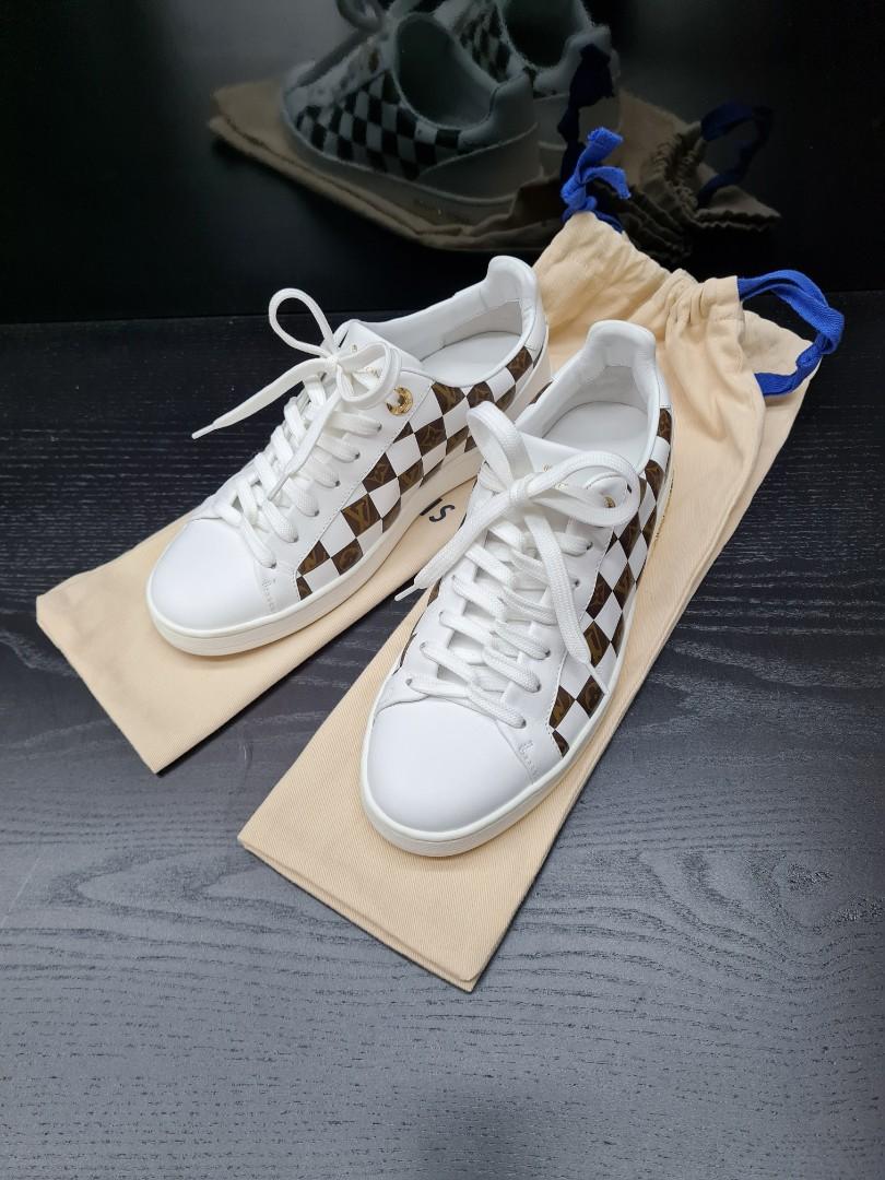 LOUIS VUITTON Front Row brown LV monogram gold stud white leather sneaker  EU36