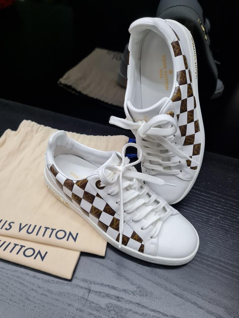 Louis Vuitton Front Row Brown LV Monogram Gold Stud White Leather Sneaker EU36