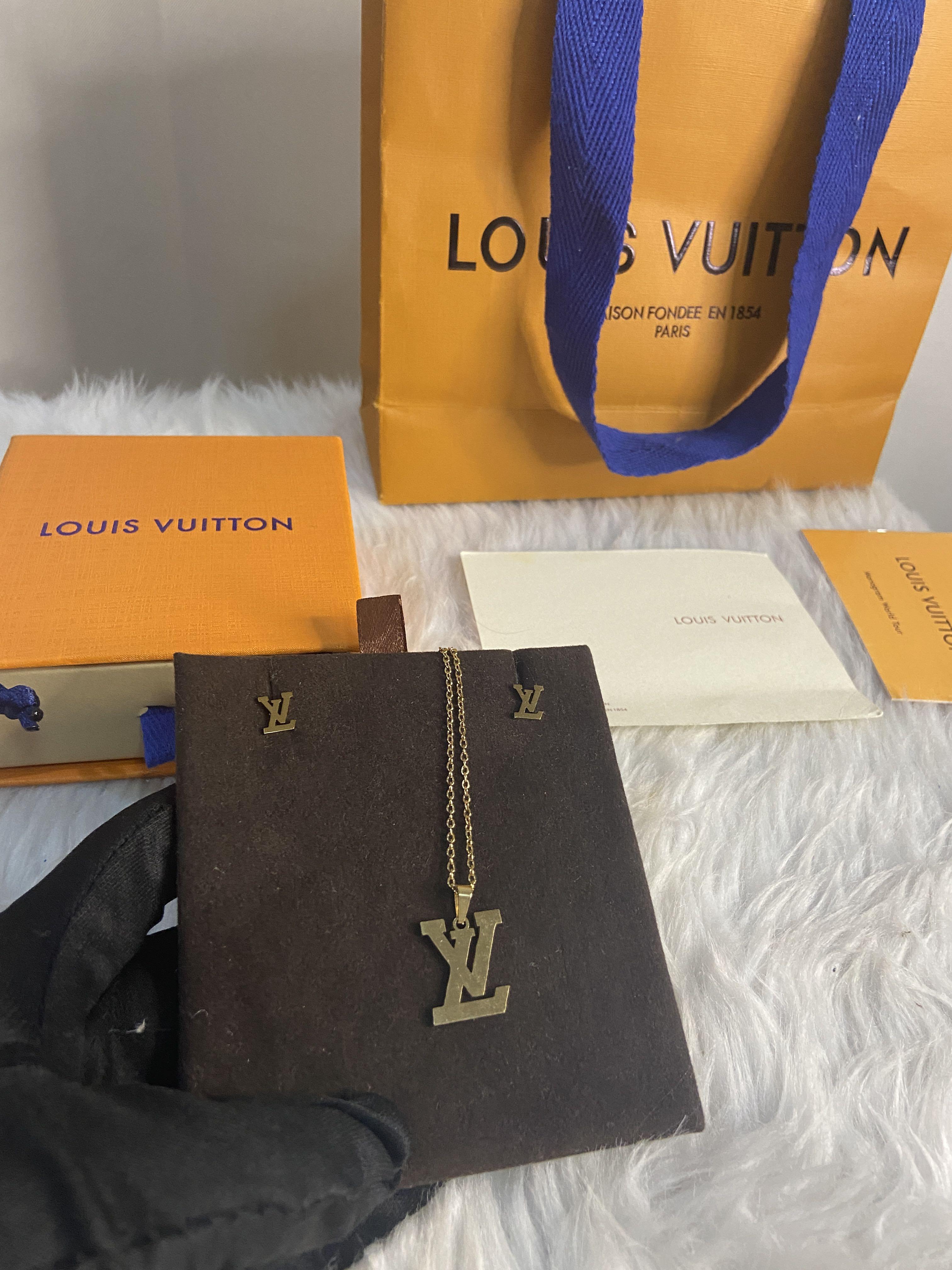 Lv initials 18 k gold plated necklace and stud earrings set