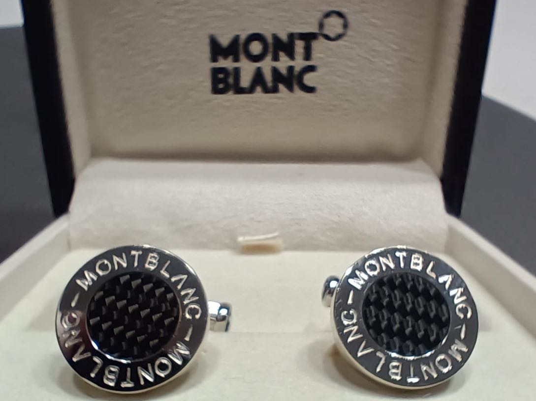 Montblanc Round Cufflinks, Stainless Steel and Carbon Pattern