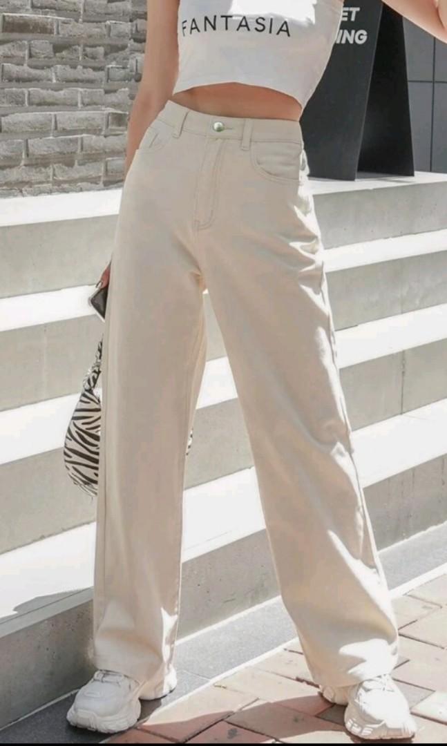 SHEIN Beige High Waisted/Wide Leg Pants, Women's Fashion, Bottoms, Jeans on  Carousell