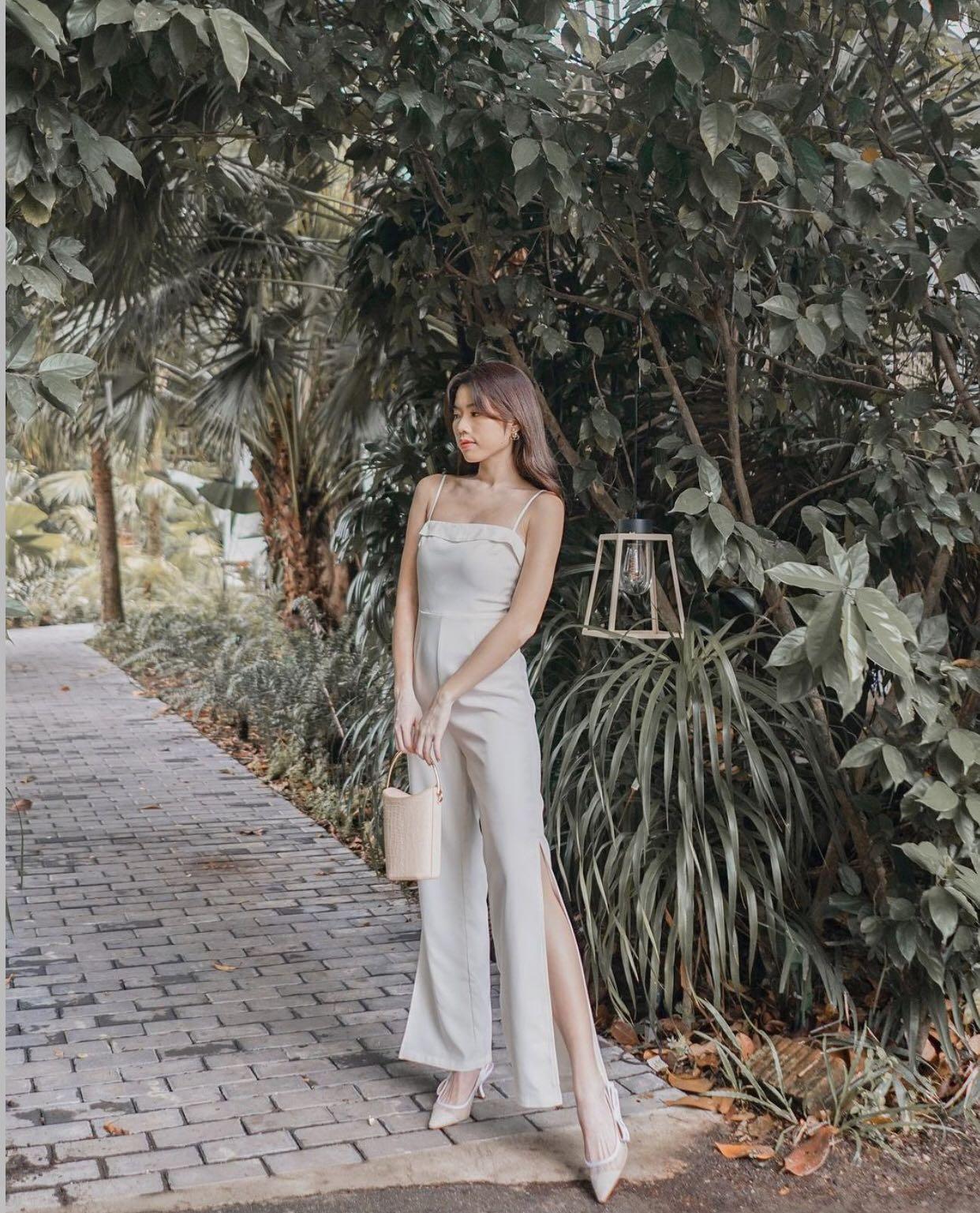 Side Slit Flowy Jumpsuit (White), Women's Fashion, Dresses & Sets, Jumpsuits  on Carousell