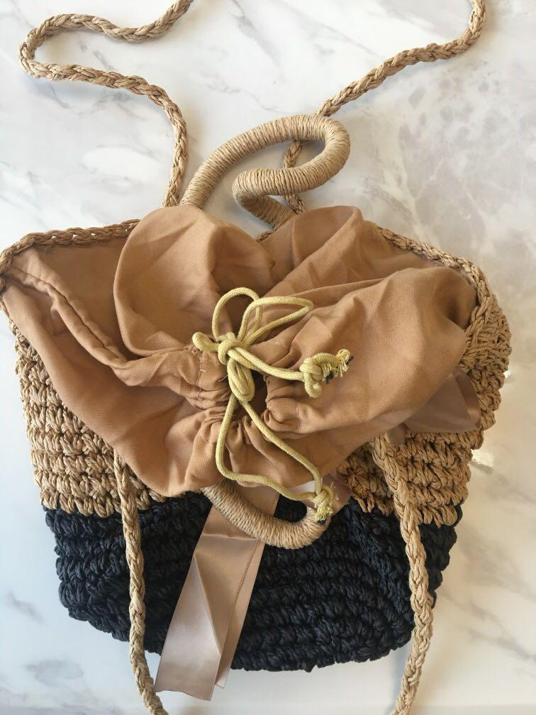 Two String Small Bag Two way draw string straw bag, Women's Fashion, Bags & Wallets, Cross ...