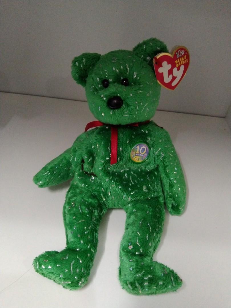 TY beanie babies 10 years anniversary blue green soft plush teddy bear toy set of 2