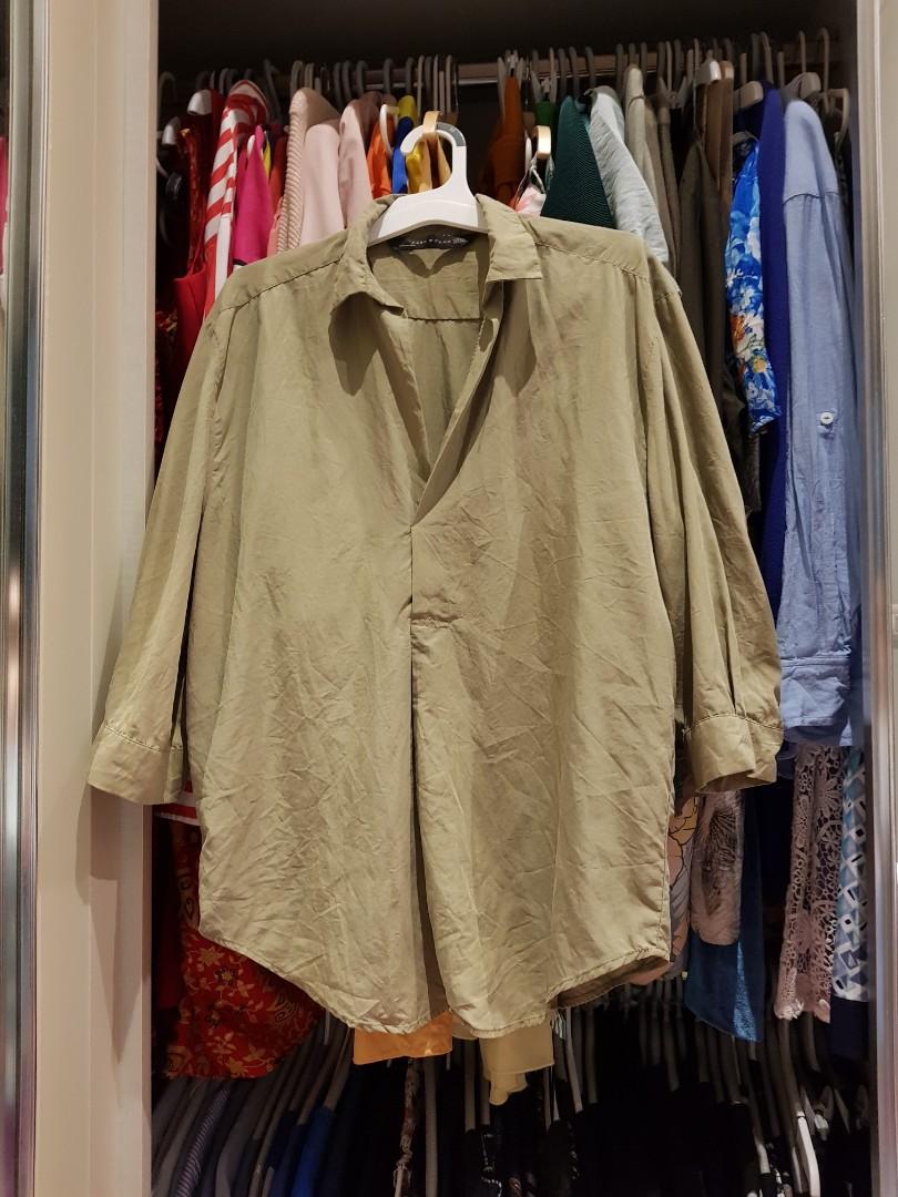Zara oversized shirt olive green blouse 