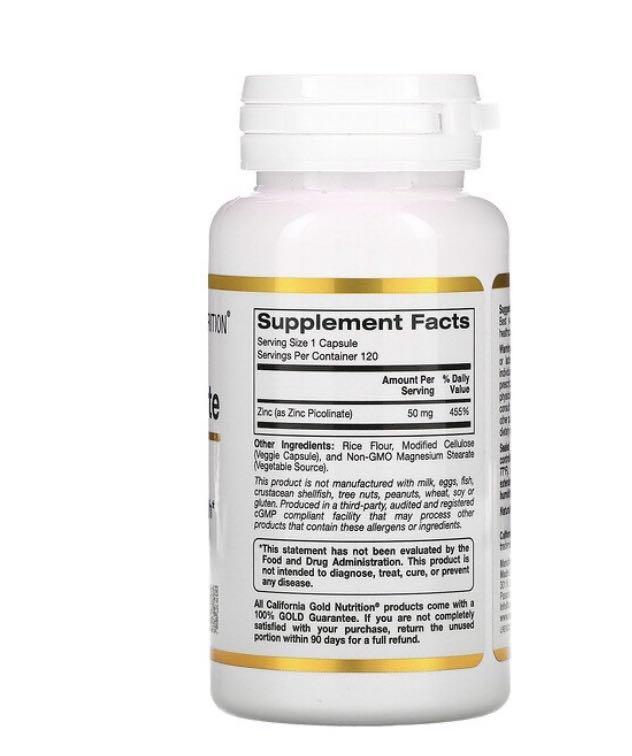 California Gold Nutrition Zinc Picolinate 120 veggie capsules expiry