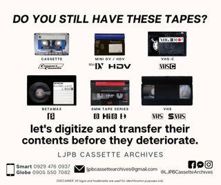 Cassette VHS S-VHS VHS-C Betamax Video8 Hi8 Digital8 Mini DV HDV 1080i tape transfer