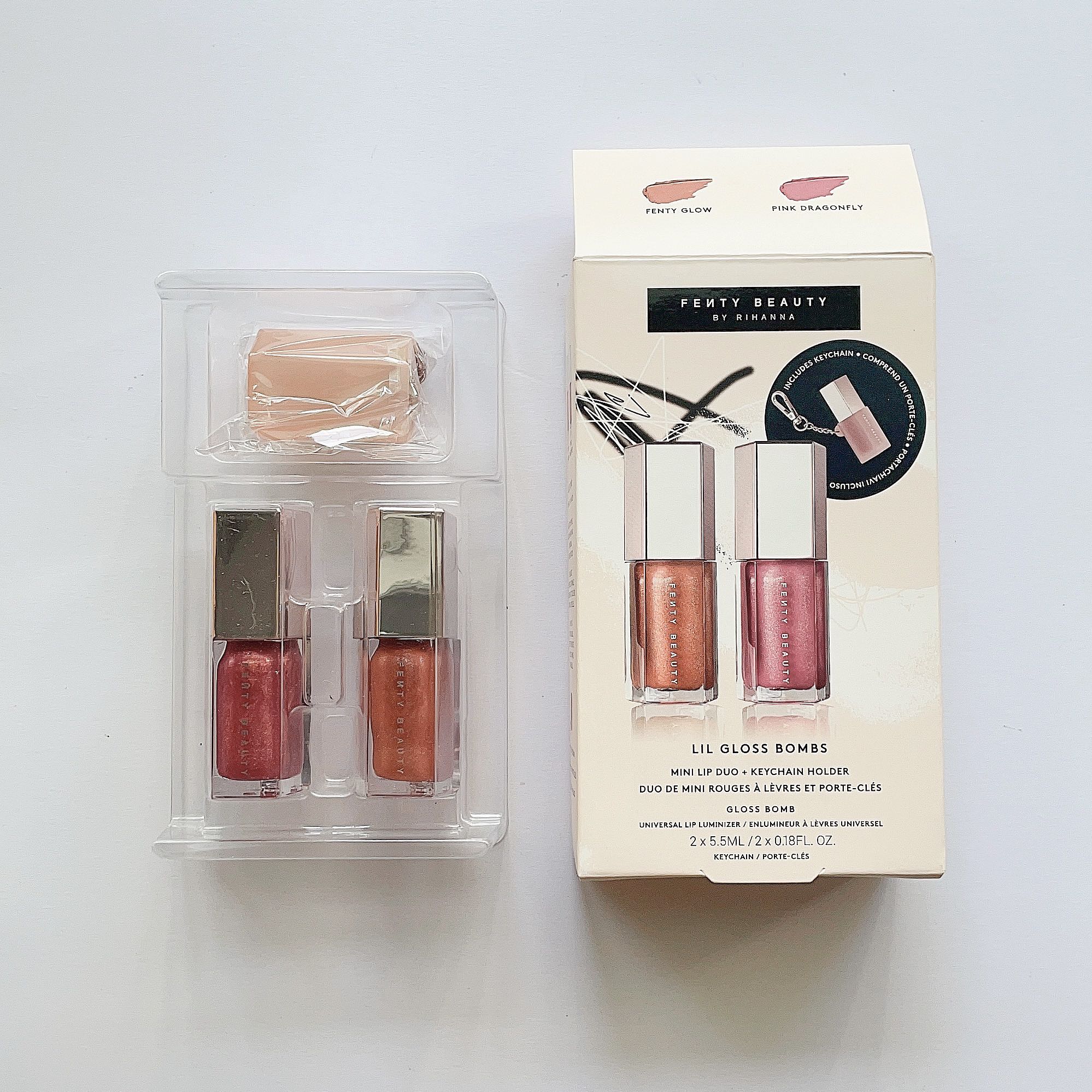 Beauty icon - By order Fenty beauty set Lip Gloss Bombs Mini Lip Duo + Key  Chain Set includes the following two shades; Pink Dragonfly Fenty Glow