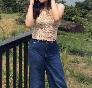 Halter aesthetic crochet light brown korean style y2k aesthetic tank top