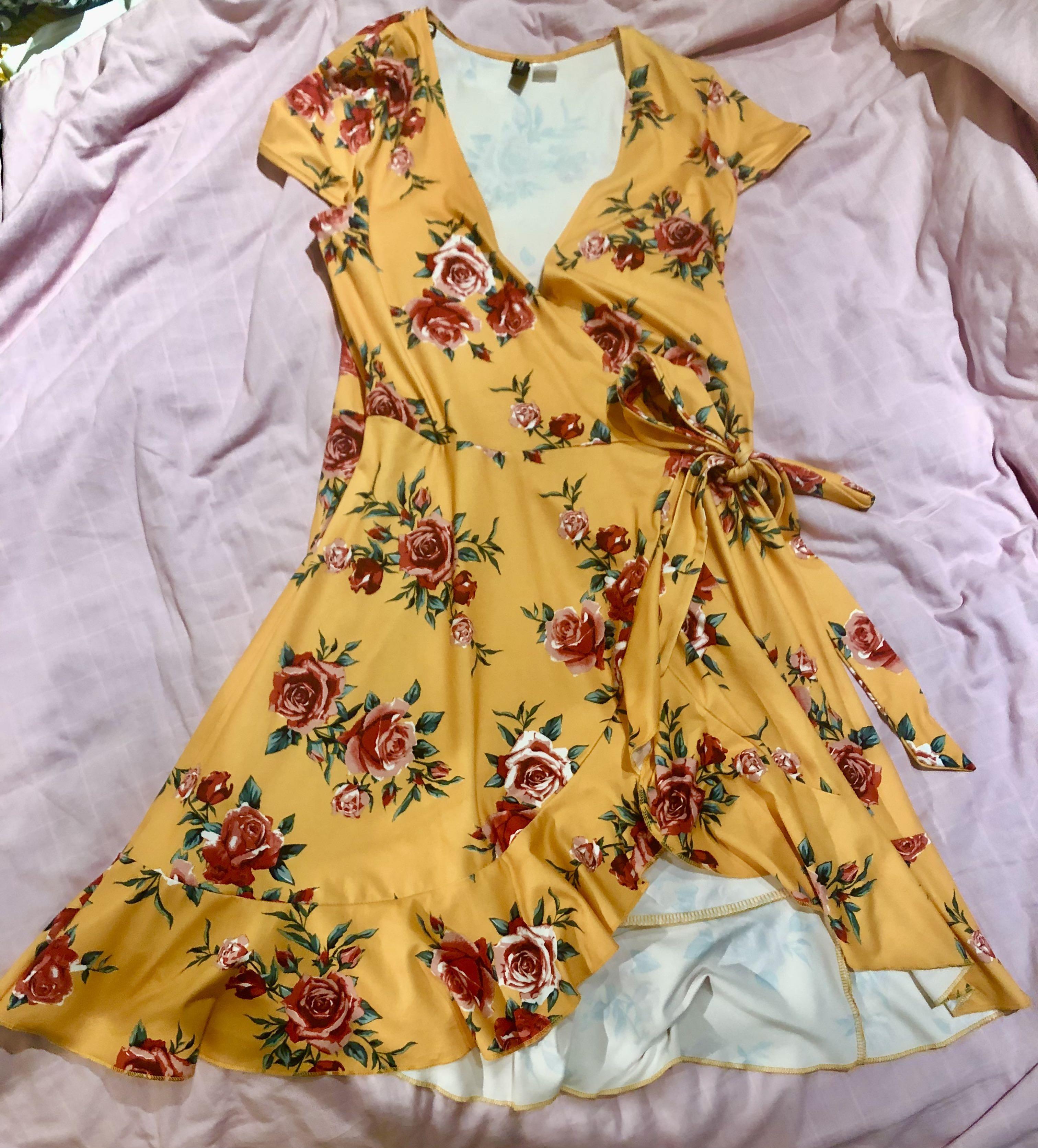 H&m yellow deals floral wrap dress