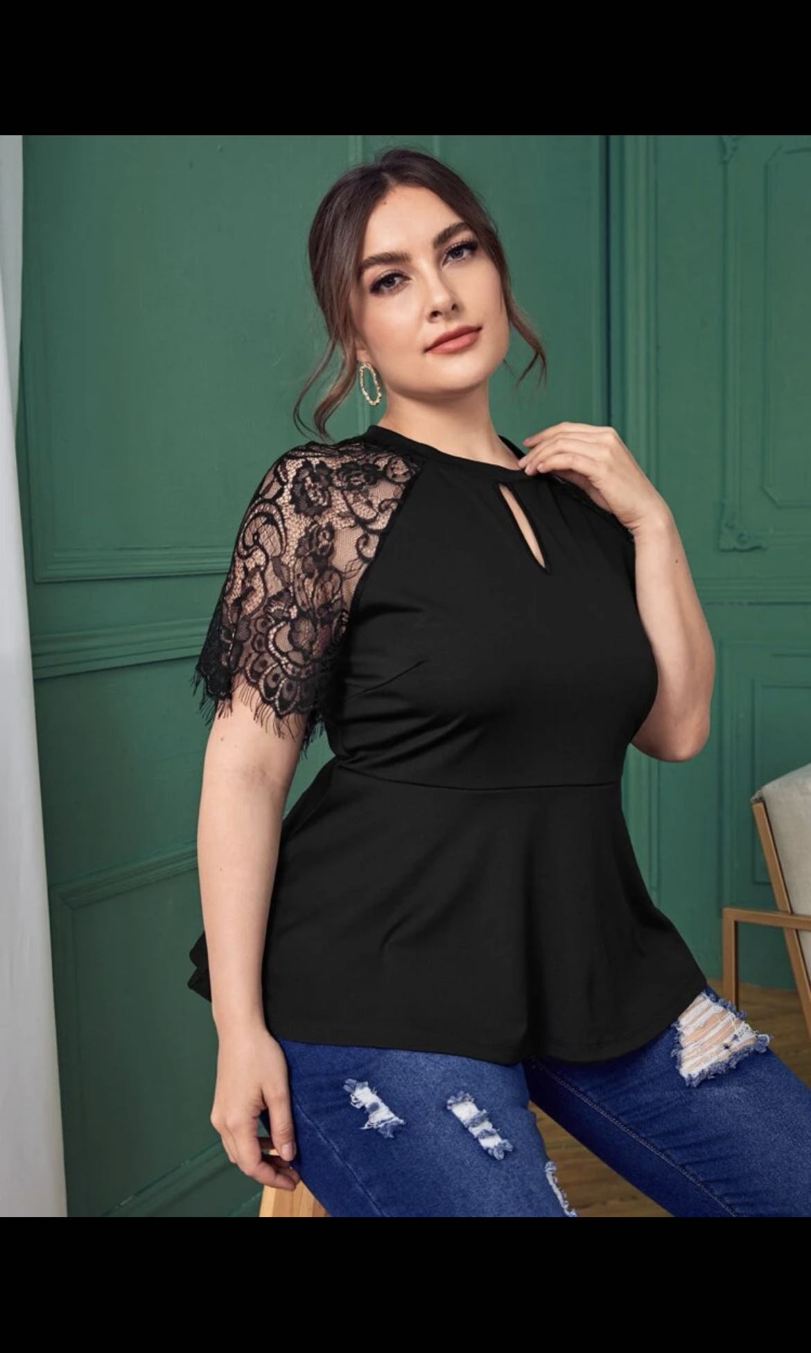 SHEIN CURVE+ Plus Solid V Neck Butterfly Sleeve Blouse