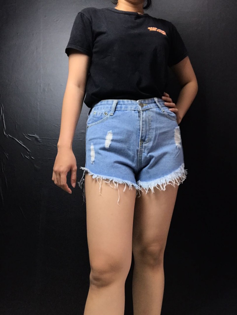 SHORT RIPPED JEANS PANTS HIGHWAIST 