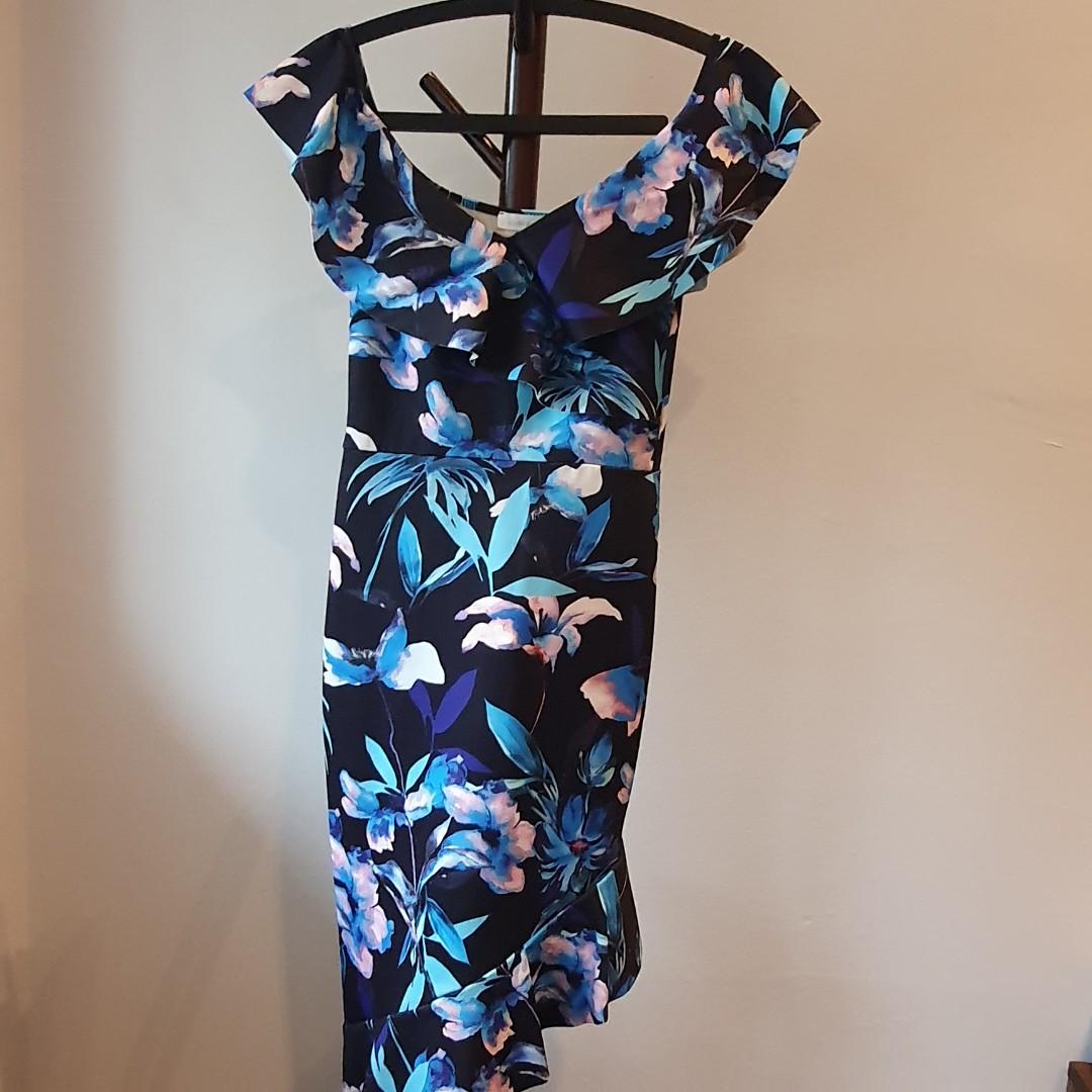 Silver Bloom Off should Midi Dress with Frill Women s Fashion