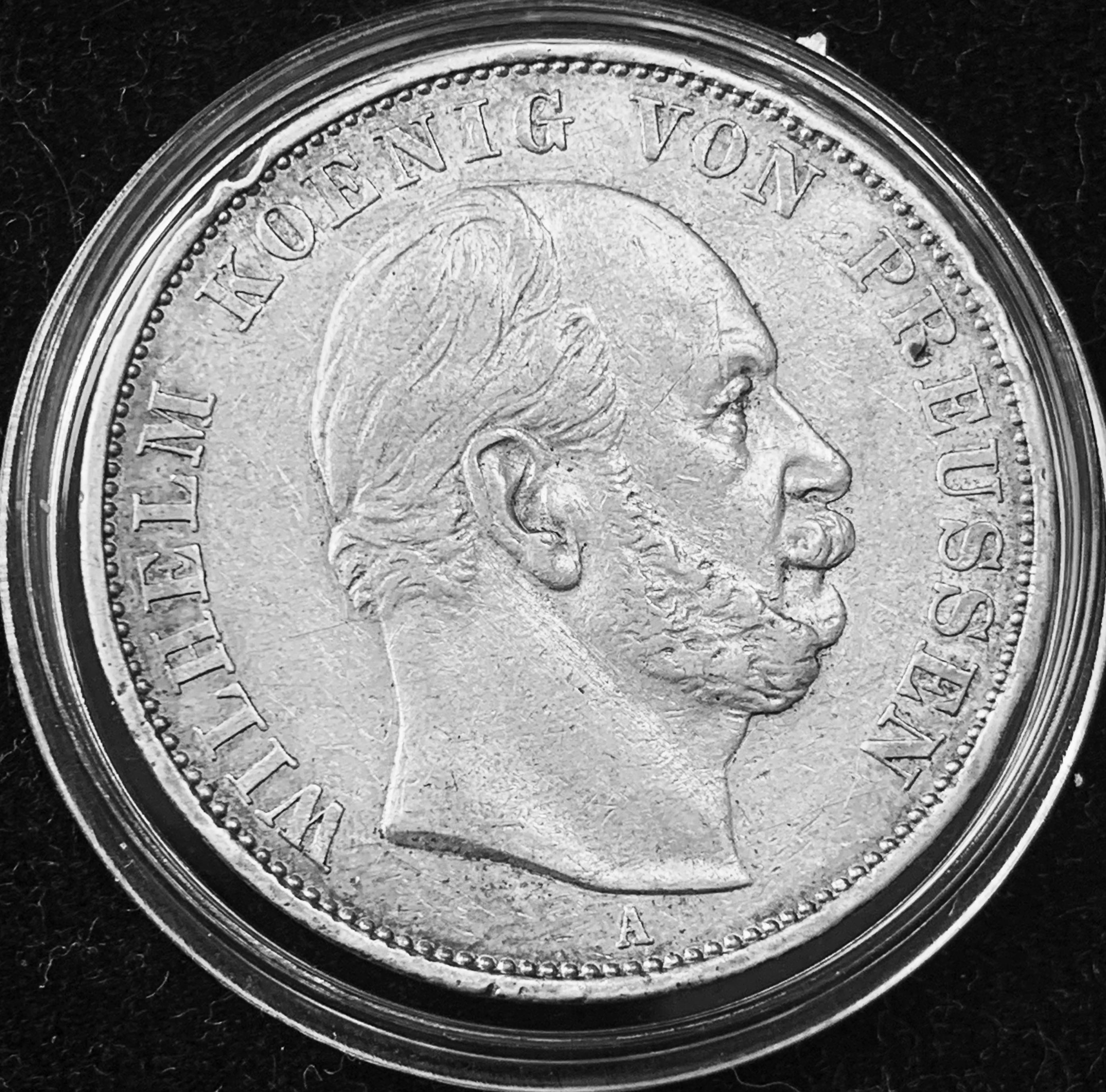 1871-A Old German Empire, German States - Kingdom Prussia Kaiser Frederick  William IV Victory over France ONE 1-Siegestaler Pure Silver Crown Coin.  Circulated, w. V. Clear Details! Attractive & Historical! Berlin Mint,  18.52 Grs. 34.0 mm. V. Scarce