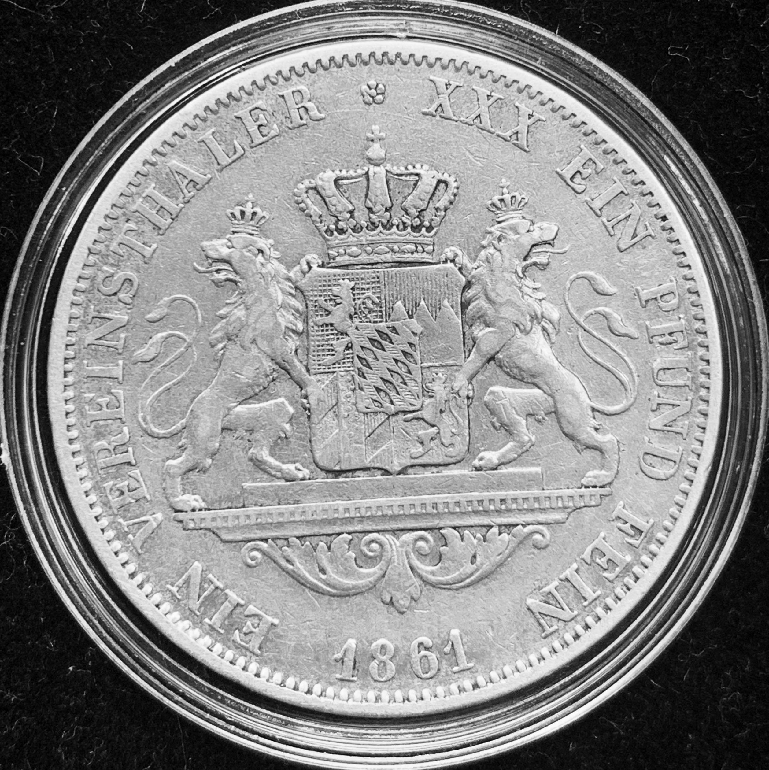 1861 Old German Empire, The German States - Kingdom of Bavaria - King  Maximilian II ONE 1-Vereinsthaler