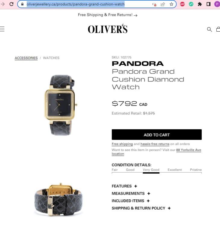 Pandora Grand Cushion Diamond Watch swiss made black crown