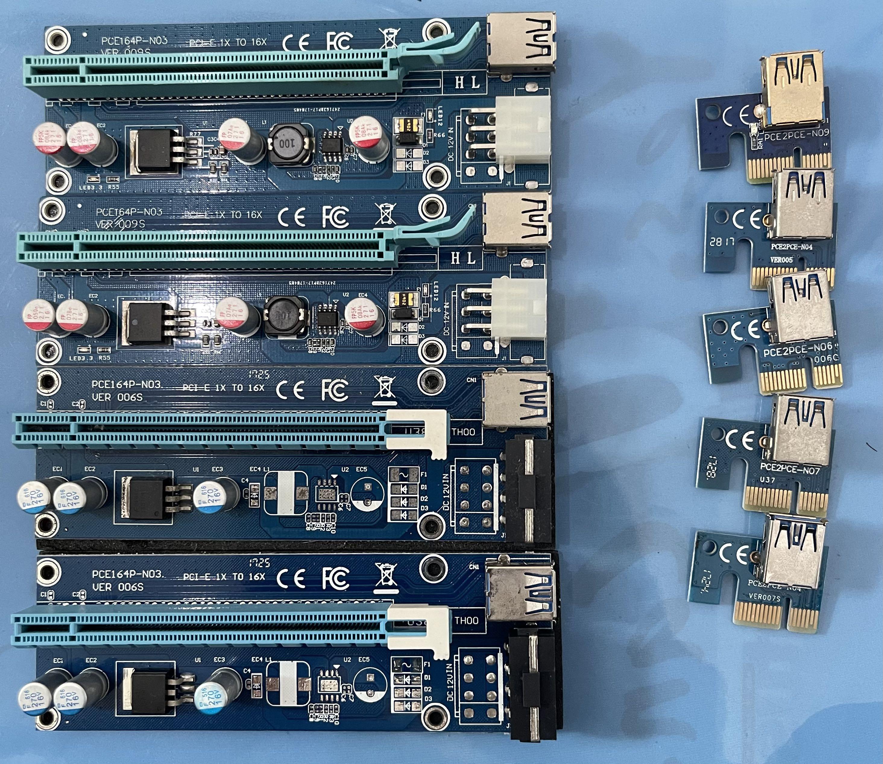 PCIe riser (Category: Computer Parts) located in Singapore. Submitted by kukumalu3 (Listing ID 1165506100, Image 1). Description: Risers as shown in first pic. Not sure if all are functional. Comes with 4 USB to USB cables (2nd pic shows one cable). RFS: clearing room.