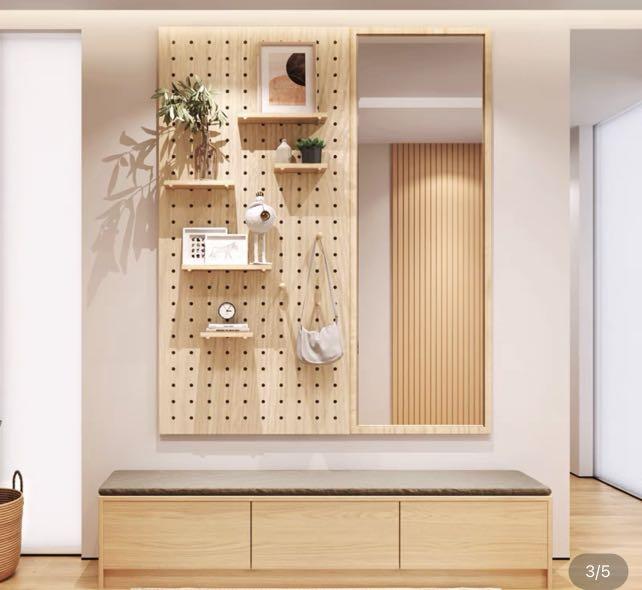 Wooden Wall Mirror with Pegboard Modular Display Organization Storage