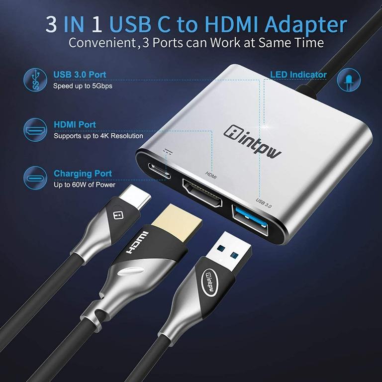 Intpw USB C HUB, USB C to HDMI VGA Adapter w/Dual Video Output(HDMI&VGA),  PD Pass-Through Charging Port, USB3.0 Port HUB for New MacBook Pro