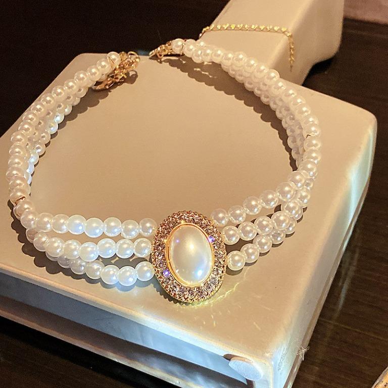 Baroque Style 3 Layers Rhinestones Pearl Choker