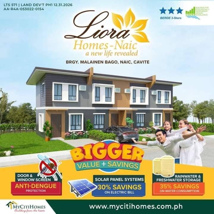 Affordable townhouse unit with 2 bedrooms (Category: House & Lot) located in Cavite. Submitted by marajc_realty.102 (Listing ID 1169899467, Image 1). Description: 🌿LIORA HOMES - NAIC 📍Brgy. Malainen, Naic, Cavite 🌸AMORA TOWNHOUSE MODEL🌸 🏠INNER UNIT🏠 Floor Area: 44sqm Lot Area: 50 sqm TCP: P1, 981, 800.00 🏠END UNIT🏠 Floor Area: 44sqm Lot Area: 75 sqm TCP: P2, 373, 300.00 ✅BANK FINANCING ✅PAG-IBIG FINANCING ✅ Enjoy 30% Savings on Electric B