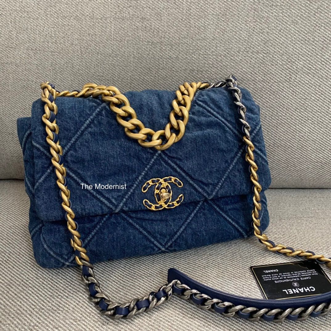 Authentic Chanel 19 Large Flap Bag Blue Denim