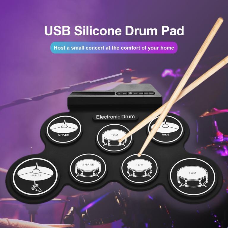 Hobbies　Silicone　Drum　on　Compact　and　Sustain　Music　Portable　Toys,　Accessories　Music　Digital　Electronic　USB　Pad　Roll-Up　Media,　Pedal,　Set　Kit　Drumsticks　with　Carousell