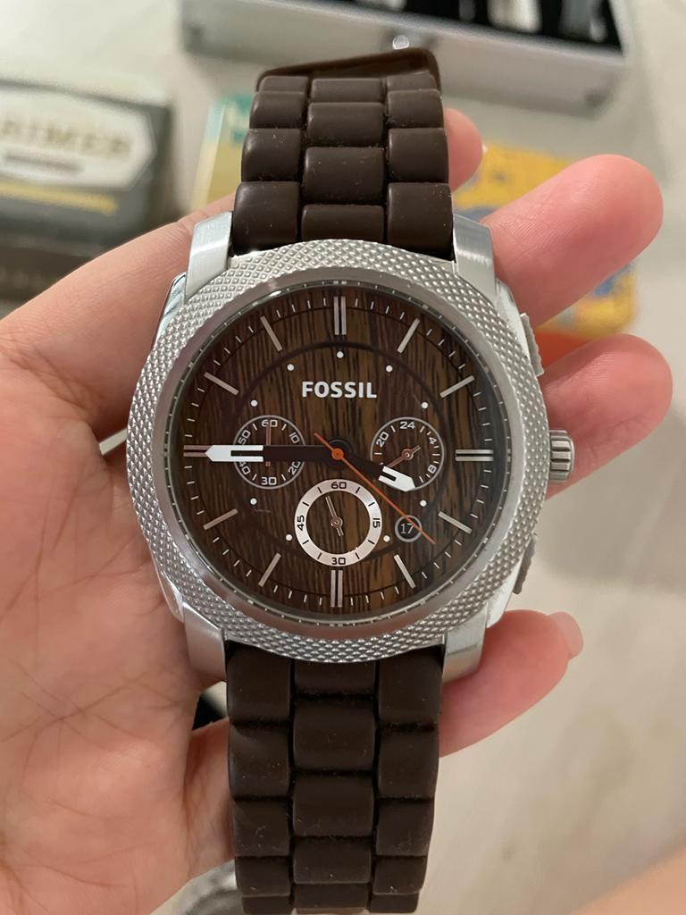 Fossil Silver Tone Wood Grain Chronograph Watch with Original