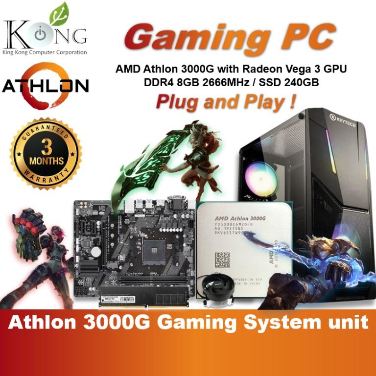 Gaming System Unit AMD Athlon 3000G [Used] (Category: Desktops) located in Mandaluyong City. Submitted by kingkongcomputercorp (Listing ID 1167299389, Image 1). Description: Thank you for visiting the King Kong Computer Corp., Carousell store.😉 AMD 3000G has a built-in 2GB graphics card suitable for low-spec games, simple photo editing, and office work, so you can use it right away without purchasing a separate graphics card. CPU Specification: 