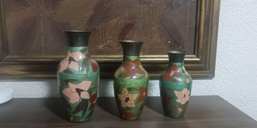 Green decorative vases with floral design, Furniture & Home Living