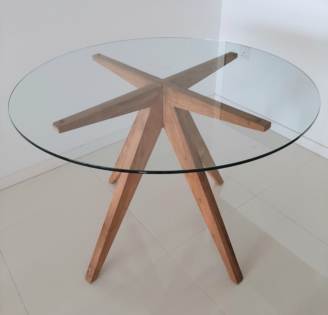 Modern Rustic Round Dining Table (glass top with reclaimed teak legs