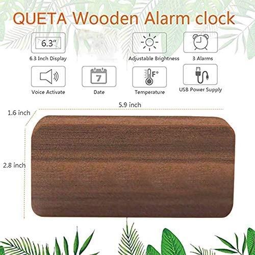 "Queta LED Wood Digital Alarm Table Clock Date Temperature Humidity