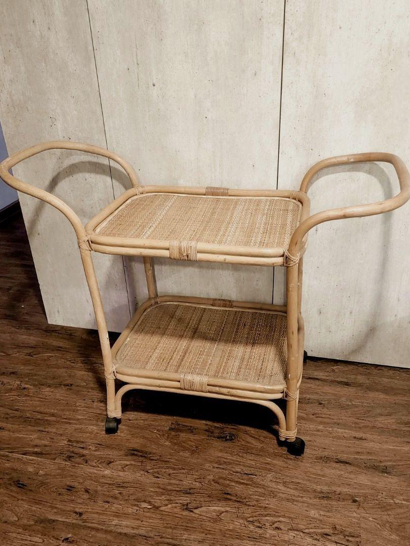 Rattan bamboo cane drinks trolley on wheels, Furniture & Home Living