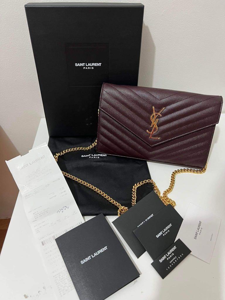 YSL Wallet on Chain in Maroon, Luxury, Bags & Wallets on Carousell