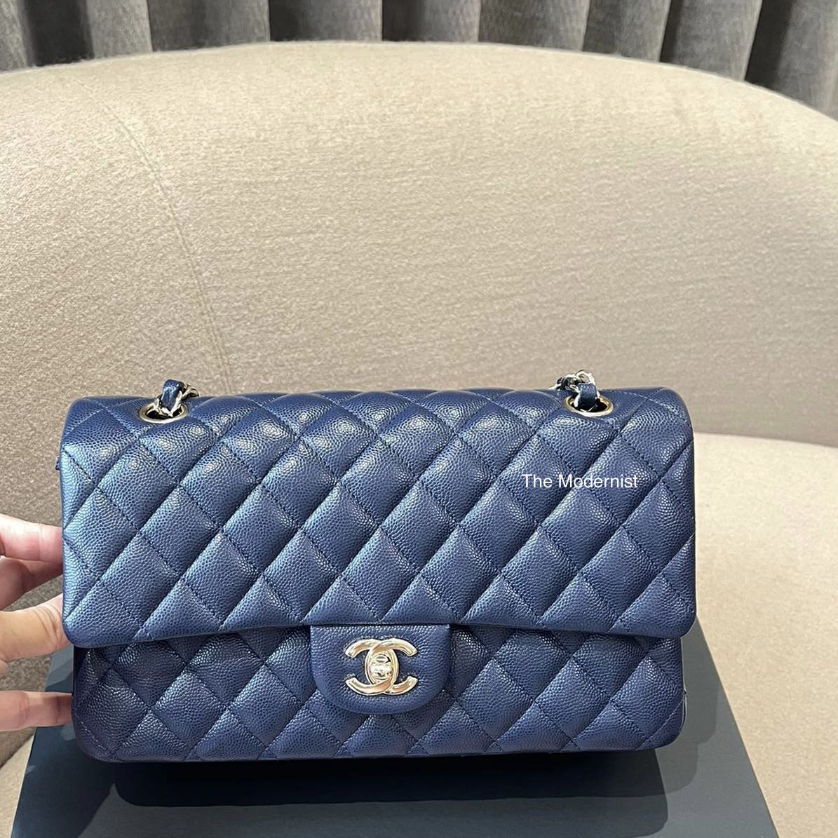 Authentic Chanel Navy Blue Caviar Leather Medium Double Flap Light Gold  Hardware