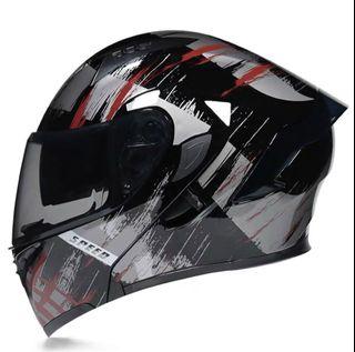 Black with Grey Red Paint Designs Flip Up Modular Pista Tail Lip Fin Full Face Motorcycle Motorbike Bike Helmet with Double Inner Lens