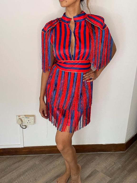 Elisabetta Franchi Style Fringe Dress Blue Red