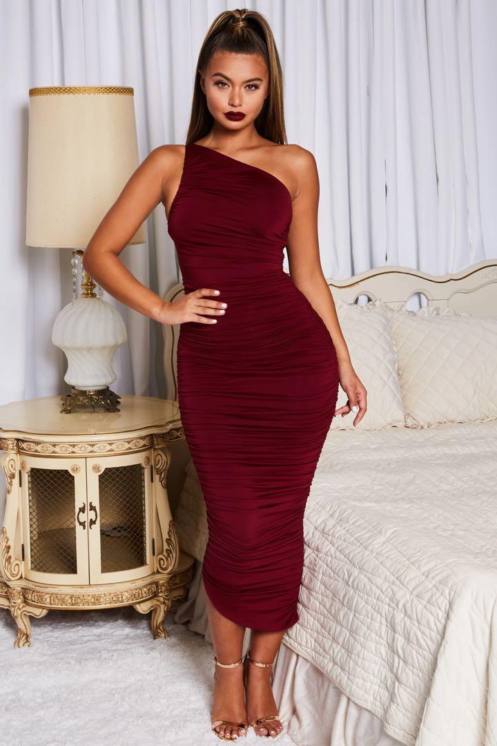 Oh Polly Cold Shoulder One Shoulder Burgundy Dress