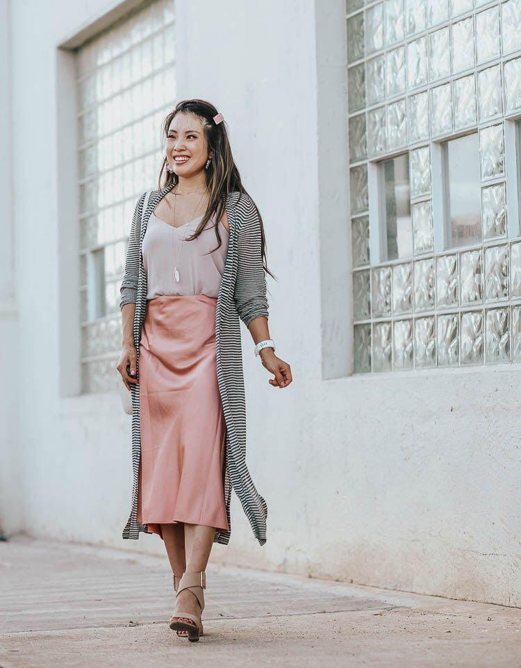 Pink midi skirt top silk