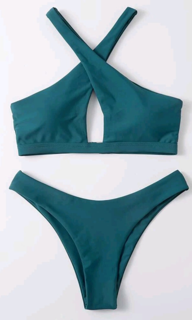 SHEIN Plain Criss Cross Bikini Swimsuit in Teal Blue, Women's Fashion ...