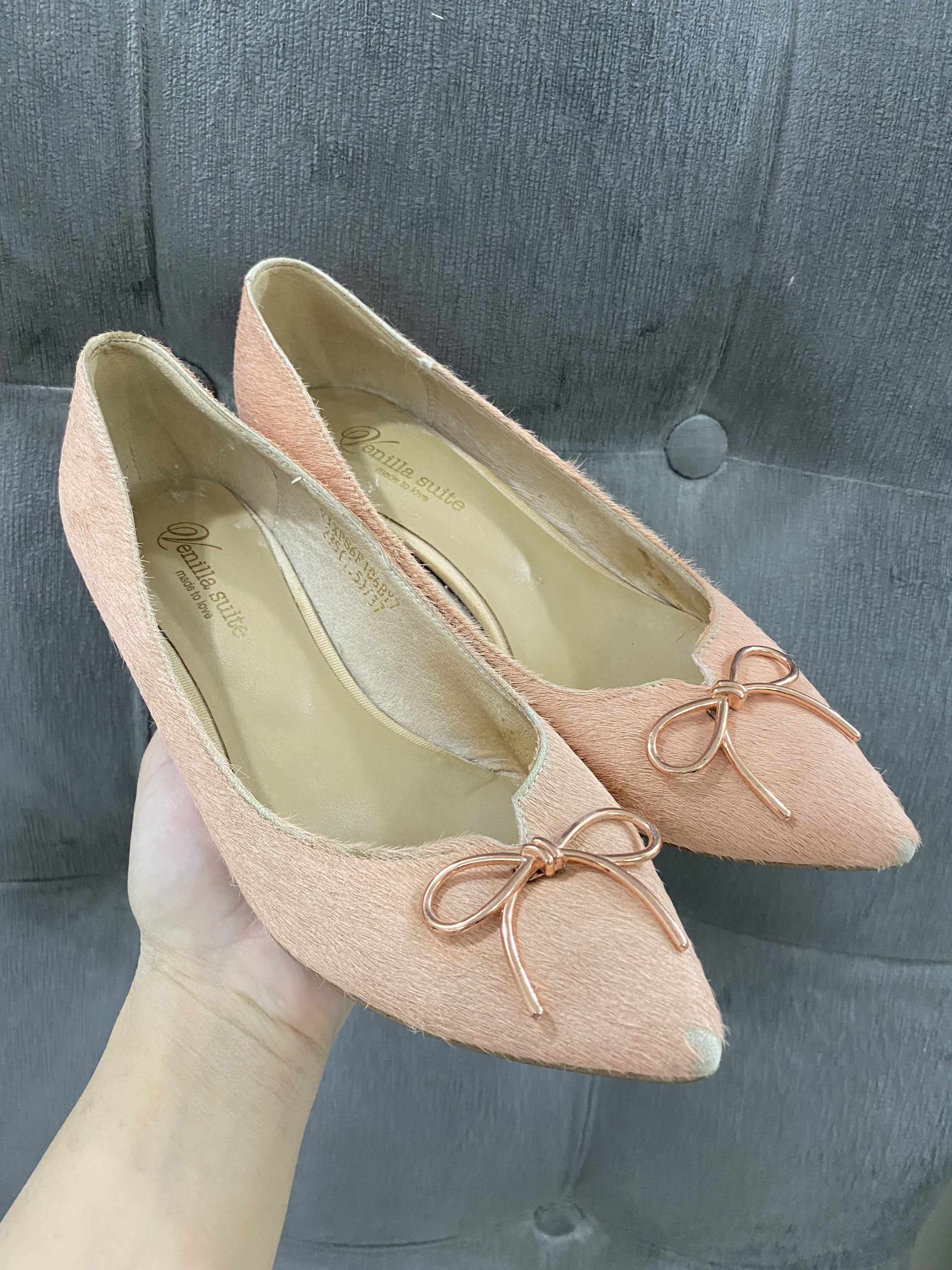 Venilla Suite Peach Faux Pony Hair Kitten Heels, Women's Fashion ...