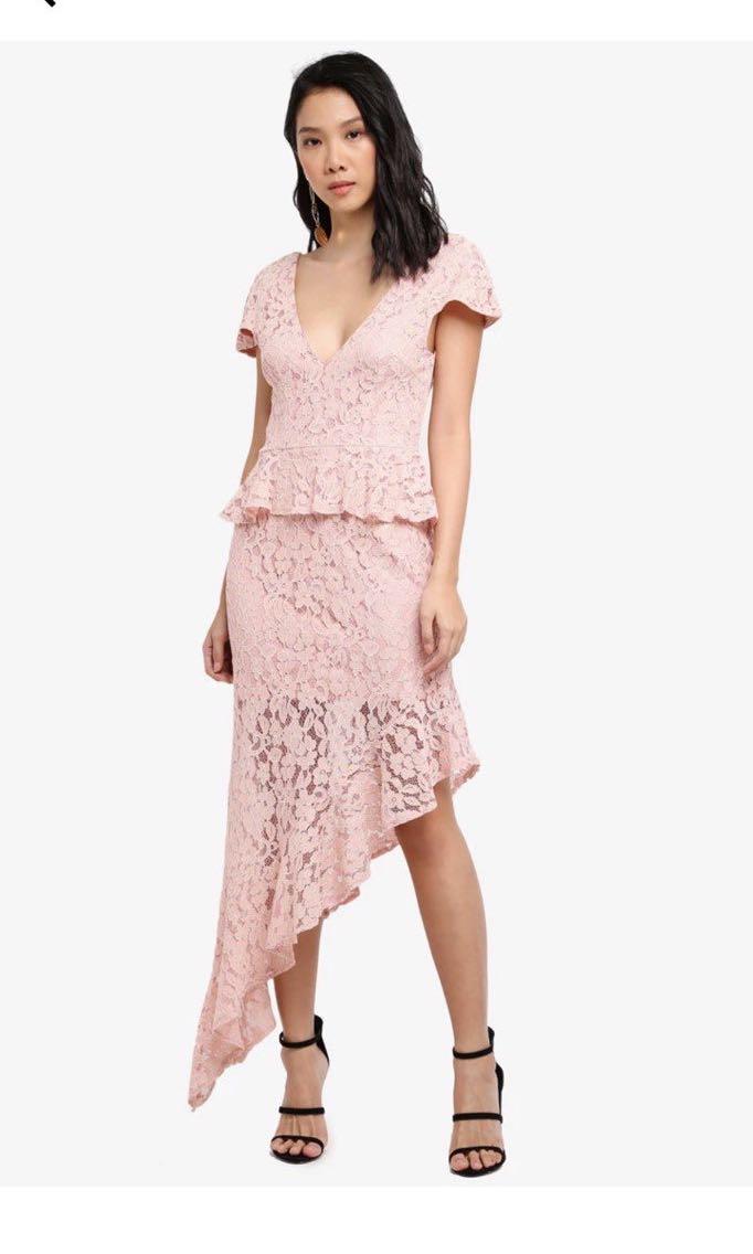 Missguided Lace Vneck Asym Pink Midi Dress , Women's Fashion, Dresses &  Sets, Dresses on Carousell