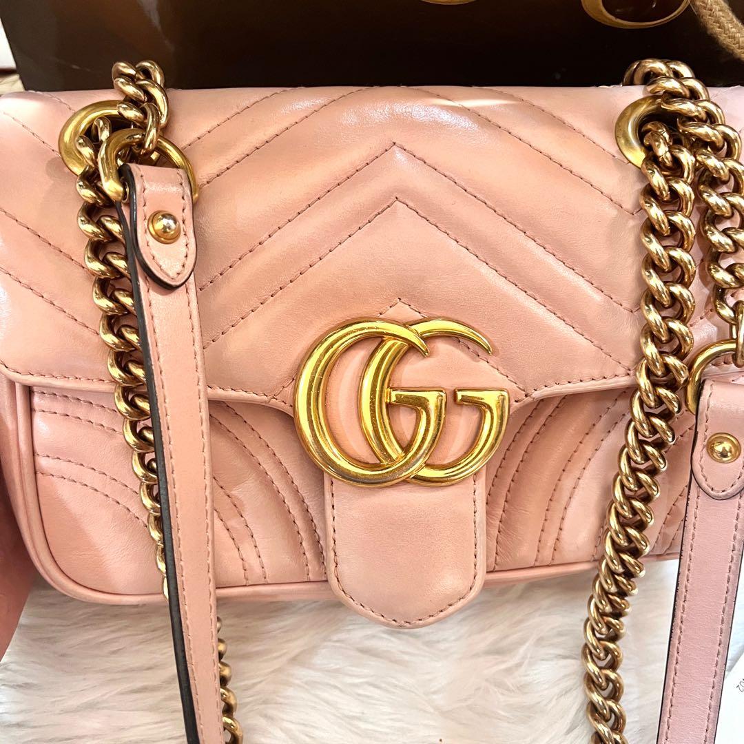 Authentic Gucci Marmont matelasse mini small nude pink two way chain shoulder sling bag