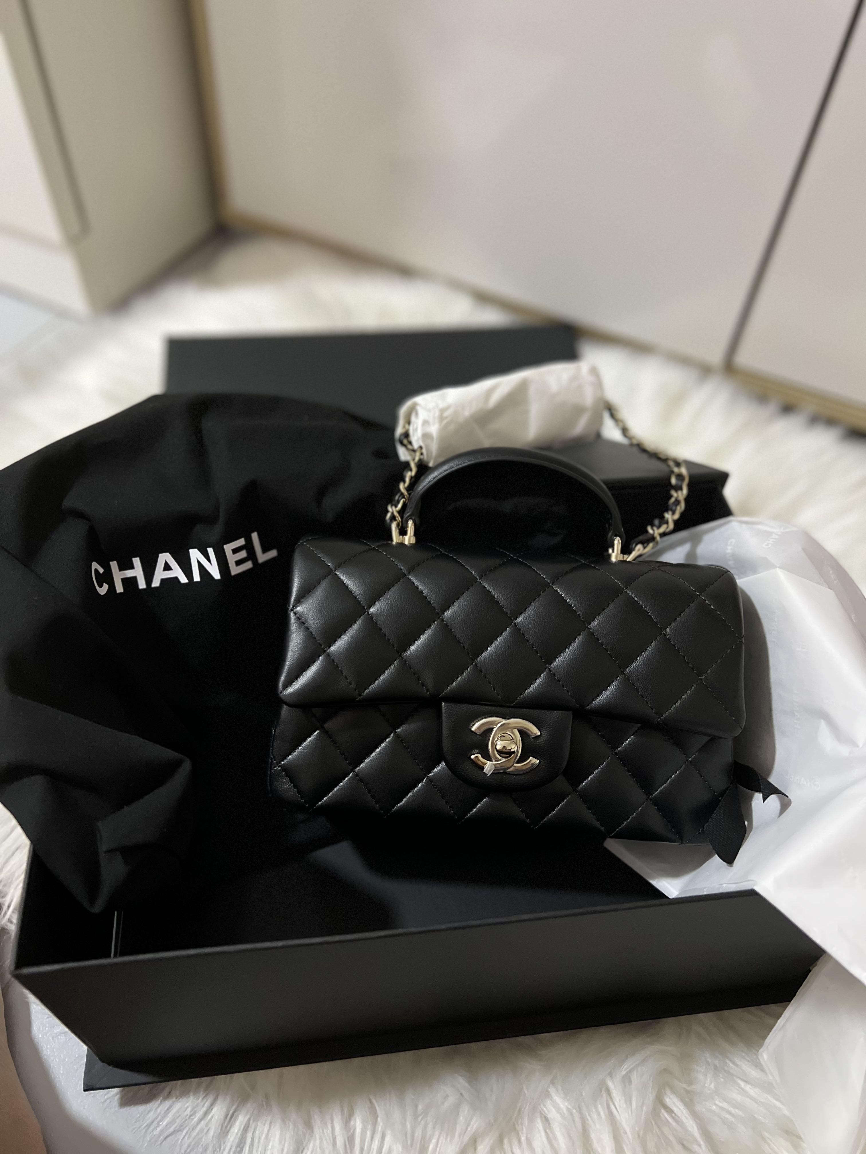 BNIB 22A Chanel Mini black flap bag with top handle, Women's Fashion ...