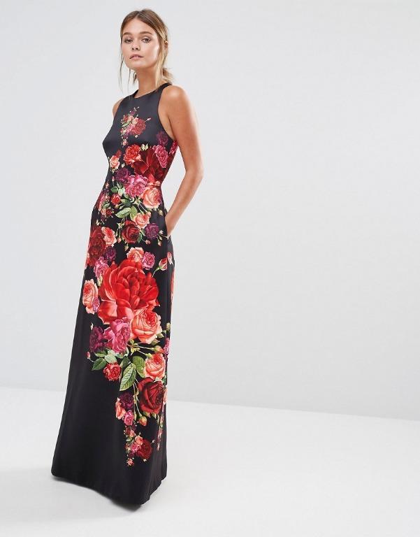BNWT TED BAKER Juxtapose Rose Black Maxi Dress RRP 425 55