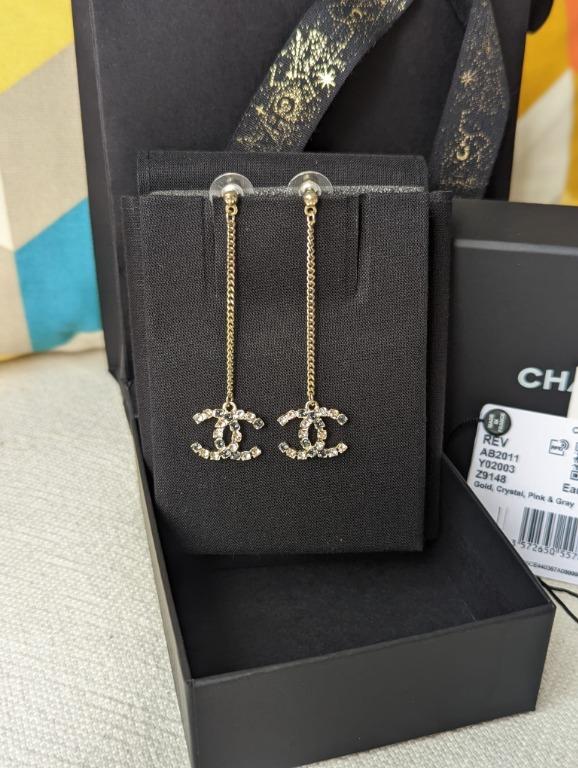 Chanel large silver metal CC logo crystals earrings