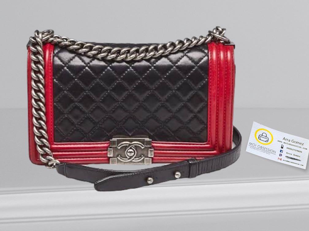 CHANEL LE BOY LIMITED ED. Medium (Category: Luxury Bags & Wallets) located in Cagayan de Oro. Submitted by moiobsession (Listing ID 1171911075, Image 1). Description: BRANDNEW❗️❗️❗️ Gorgeous Limited Edition Chanel Le Boy Medium Two-Tone Flap Bag. Red and black leather with ruthenium hardware. rare! approx measurements are 25 CM - 15 CM - 8 cm. Comes complete brandnew packaging. ❤️.