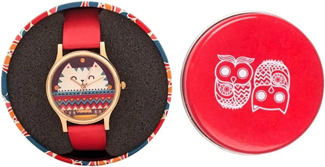 BNIB Chumbak Gift Cuddly Cat Print Kitsch Bohemian Quirky Red Gold Wrist Watch
