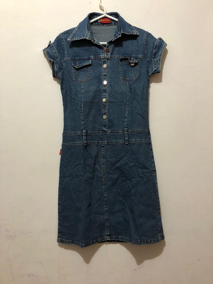Denim Dress y2k, Fesyen Wanita, Pakaian 